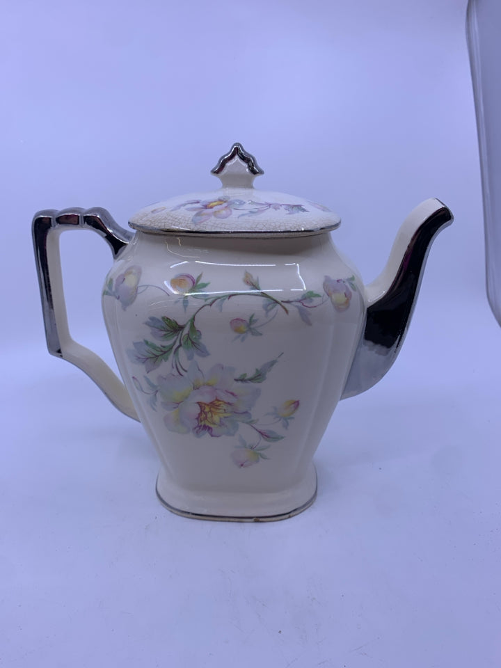 VTG SILVER FLORAL CREAM TEAPOT.