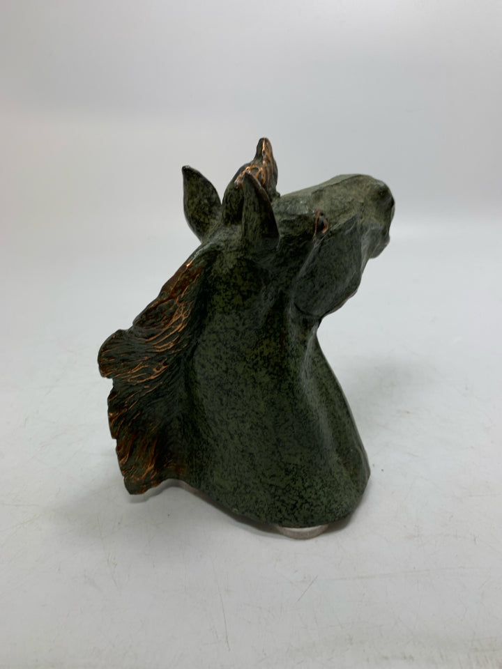 GREEN METAL HEAVY HORSE HEAD W/ BABY FIGURINE.
