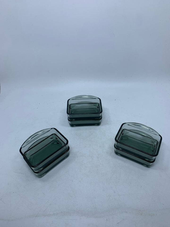 6 VTG SMOKEY GLASS CONDIMENT DISHES W/ HANDLES.