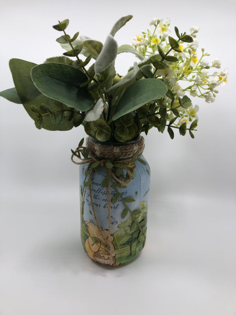 WINNIE THE POOH MASON JAR W/FAUX FLOWERS+BERRIES.
