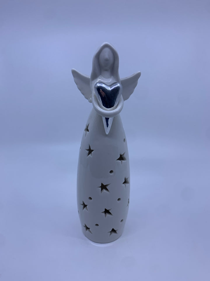 WHITE CERAMIC LIGHT UP ANGEL HOLDING SILVER HEART.