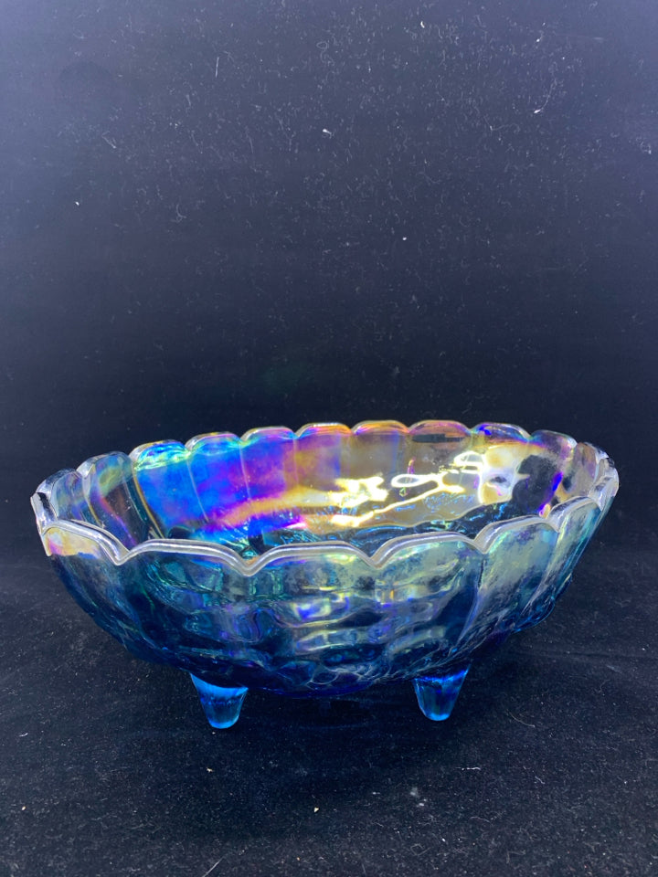 VTG OVAL FOOTED BLUE CARNIVAL GLASS EMBOSSED COMPOTE BOWL.