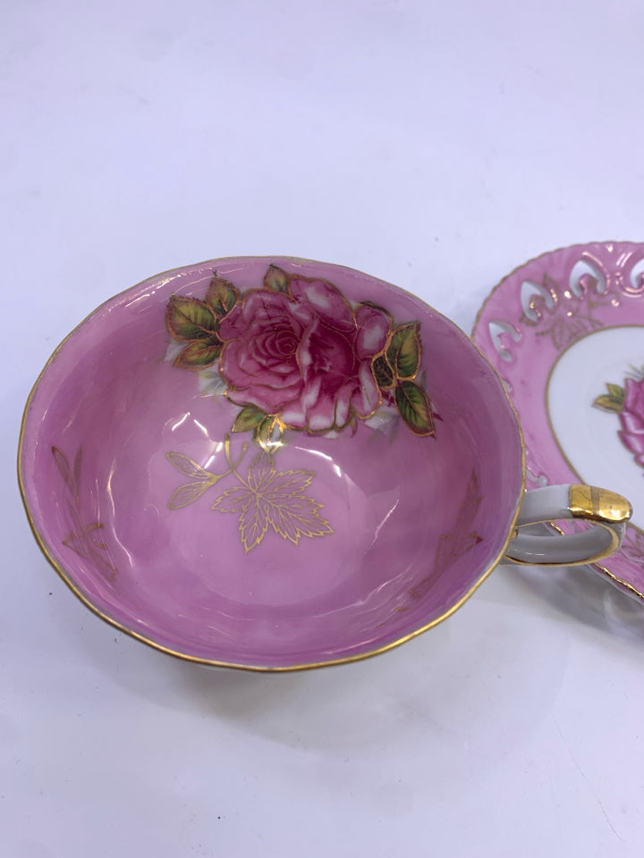 VTG PINK ROSE IRIDESCENT FOOTED TEA CUP& SAUCER.