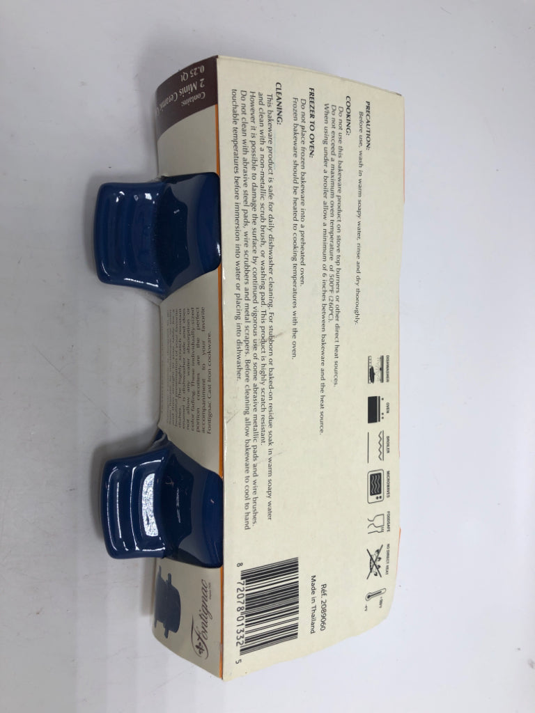 2 NIP BLUE MINI CERAMIC COCOTTES.