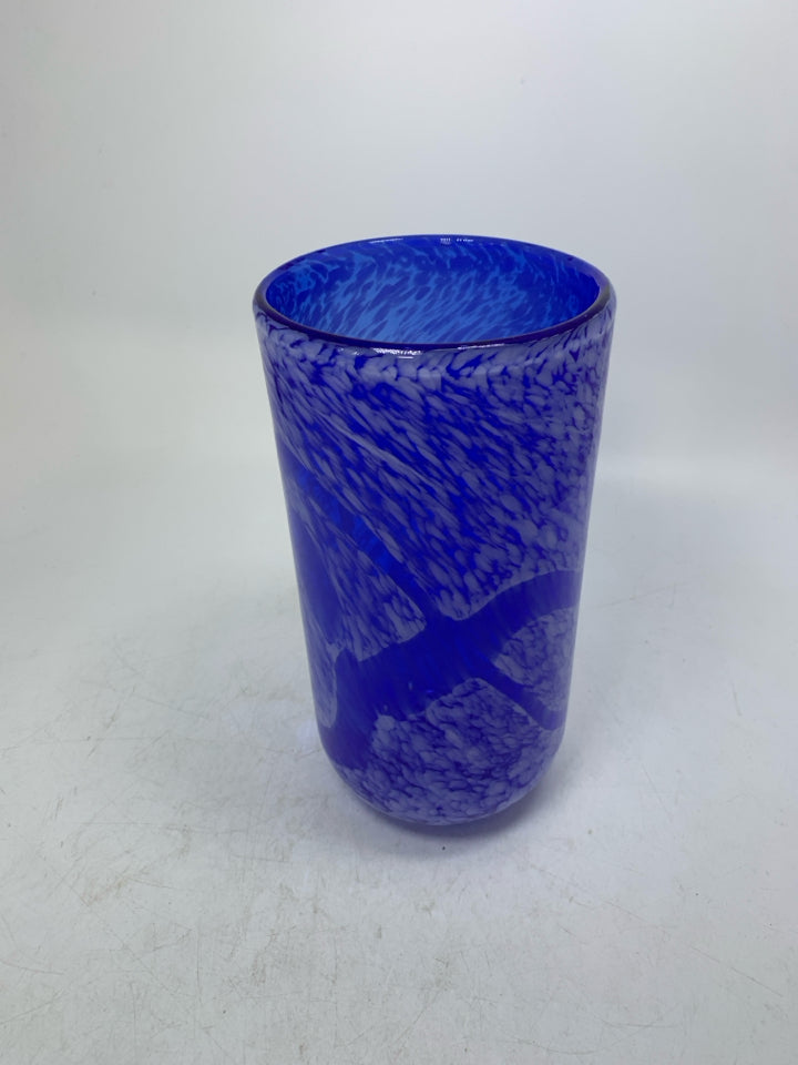 DARK BLUE BLOWN GLASS VASE W/ WHITE SPECKLES.