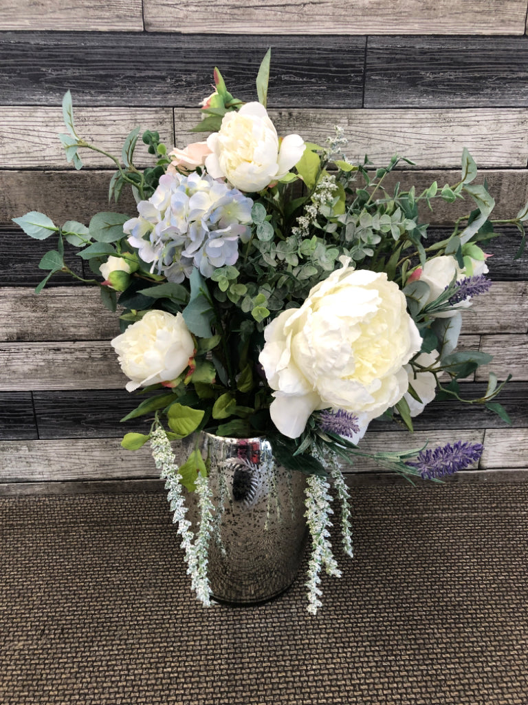 SILVER MERCURY GLASS VASE WITH PEONIES FLORAL ARRANGEMENT.
