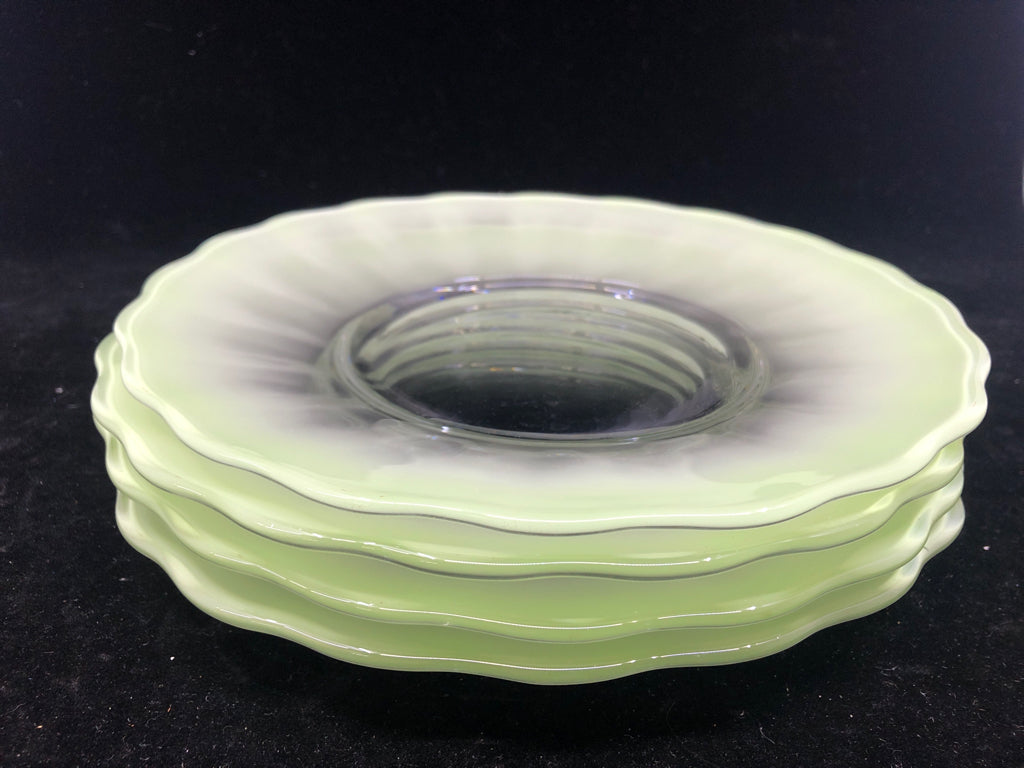 4 VTG GREEN OMBRE DESSERT PLATES.