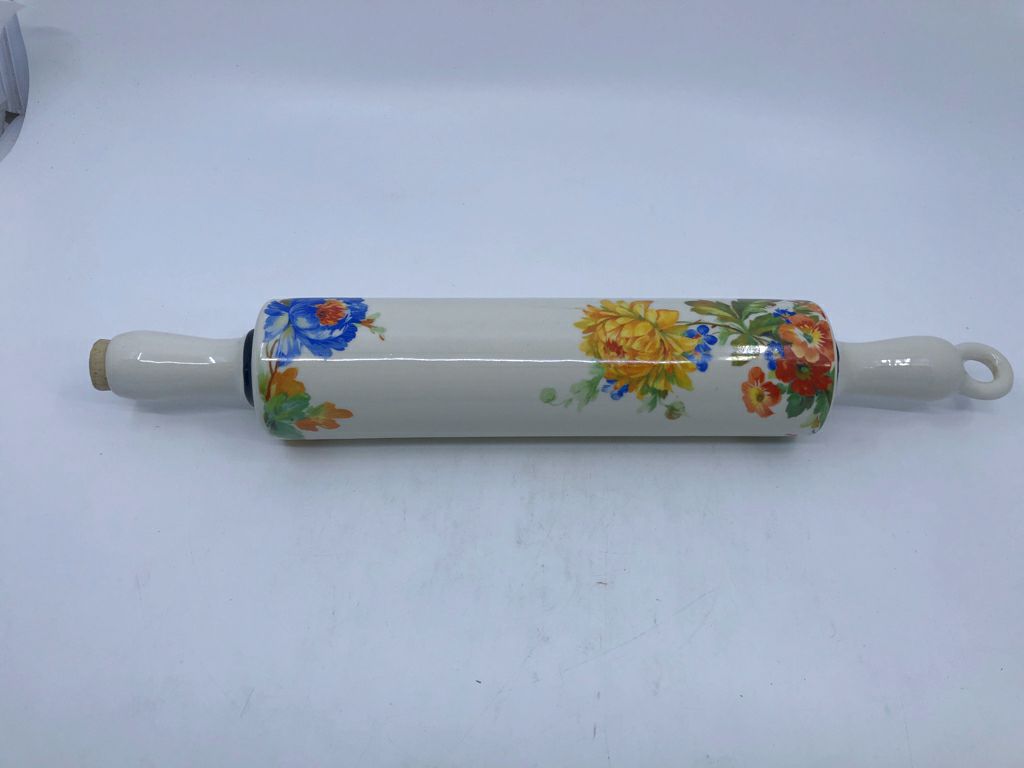 WHITE W FLORAL CERAMIC HANGING FILLABLE ROLLING PIN.