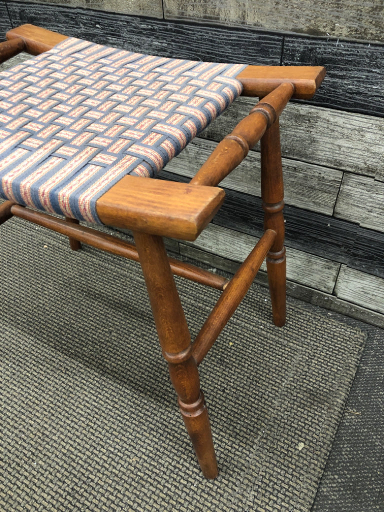 PRIMITIVE STOOL W/WOVEN SEAT.