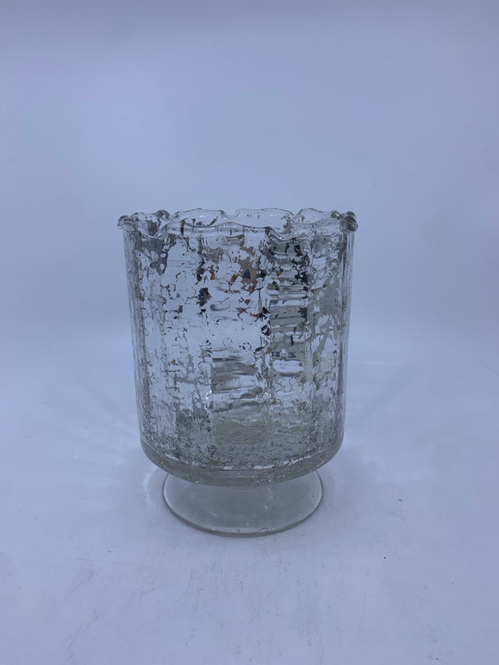 FOOTED CLEAR CRACKLE GLASS CANDLE HOLDER W/ SILVER SPECKS.