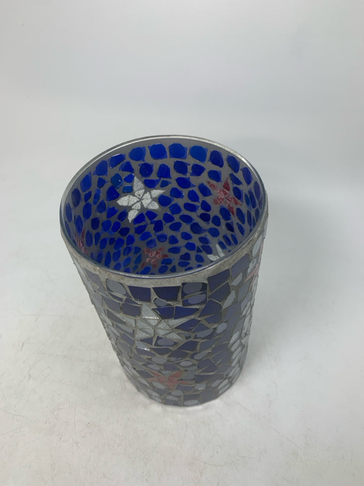 RED/WHITE/ BLUE MOSAIC PILLAR CANDLE HOLDER.