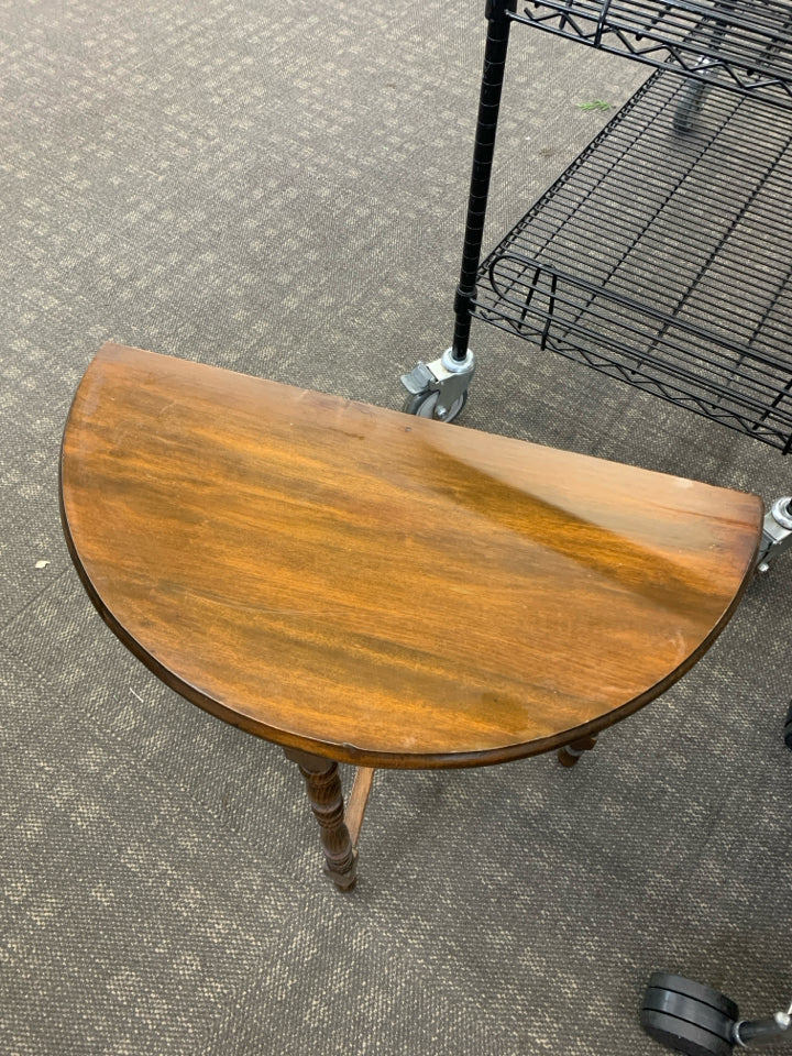 VTG HALF CIRCLE HALL TABLE W/SPINDLE LEGS.