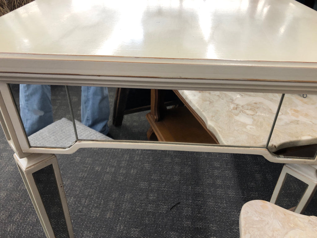 CREAM DISTRESSED PIER 1 DESK W/MIRRORED LEGS & DRAWER.