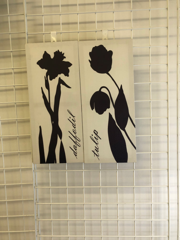 2 PC BLACK AND WHITE DAFFODIL & TULIP SKINNY WALL ART.