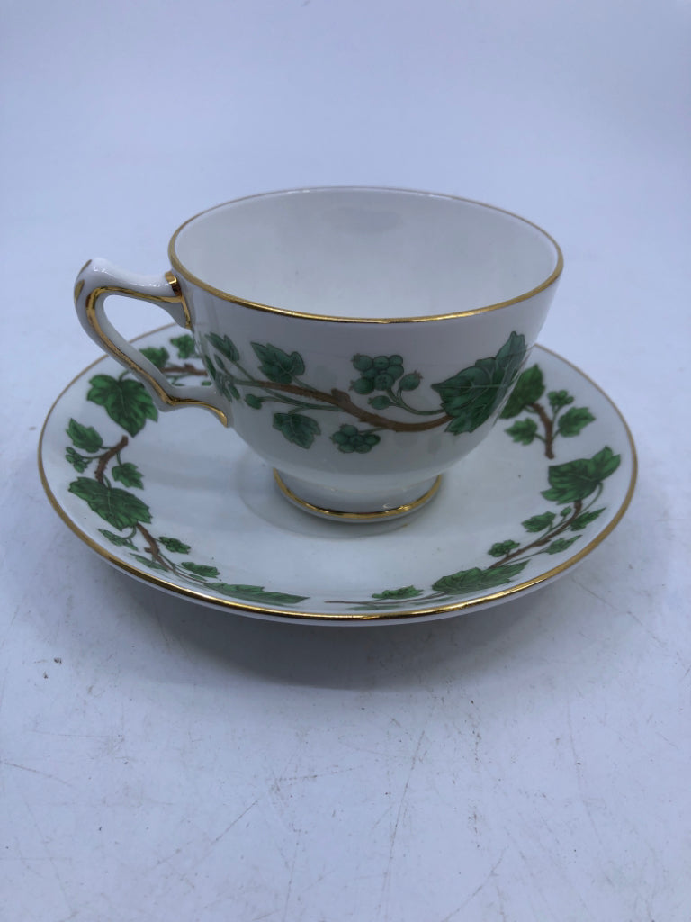 GREEN IVY TEACUP/SAUCER STAFFORDSHIRE.