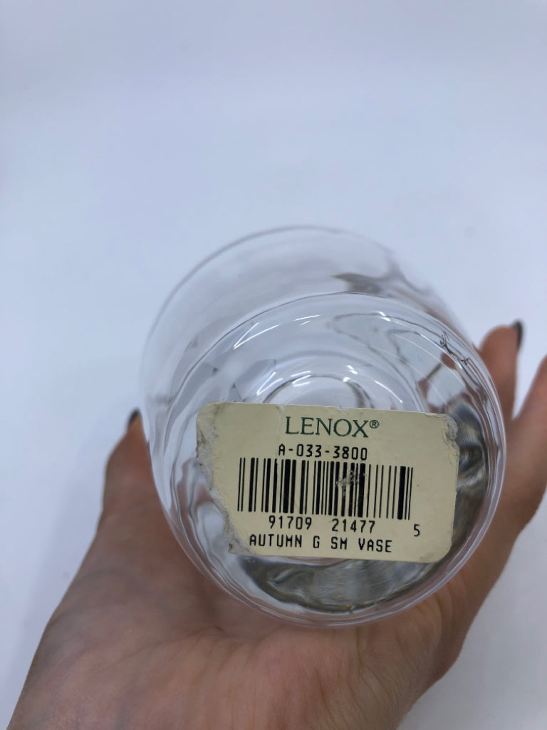CLEAR LENOX VASE W/ GOLD BAND.