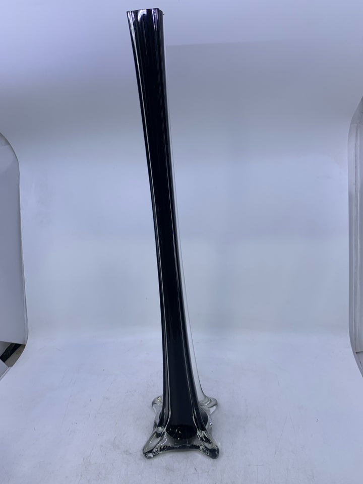 BLACK SKINNY GLASS VASE W/ HEAVY SET BOTTOM.