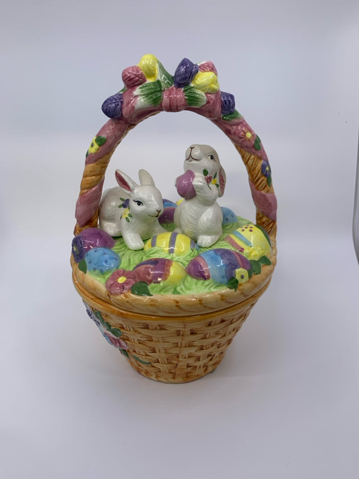 CERAMIC EASTER BASKET W/ BUNNIES/EGGS.