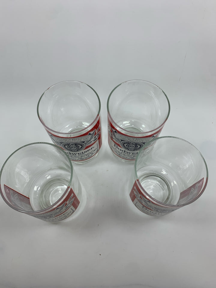 4 LARGE BUDWEISER GLASSES.