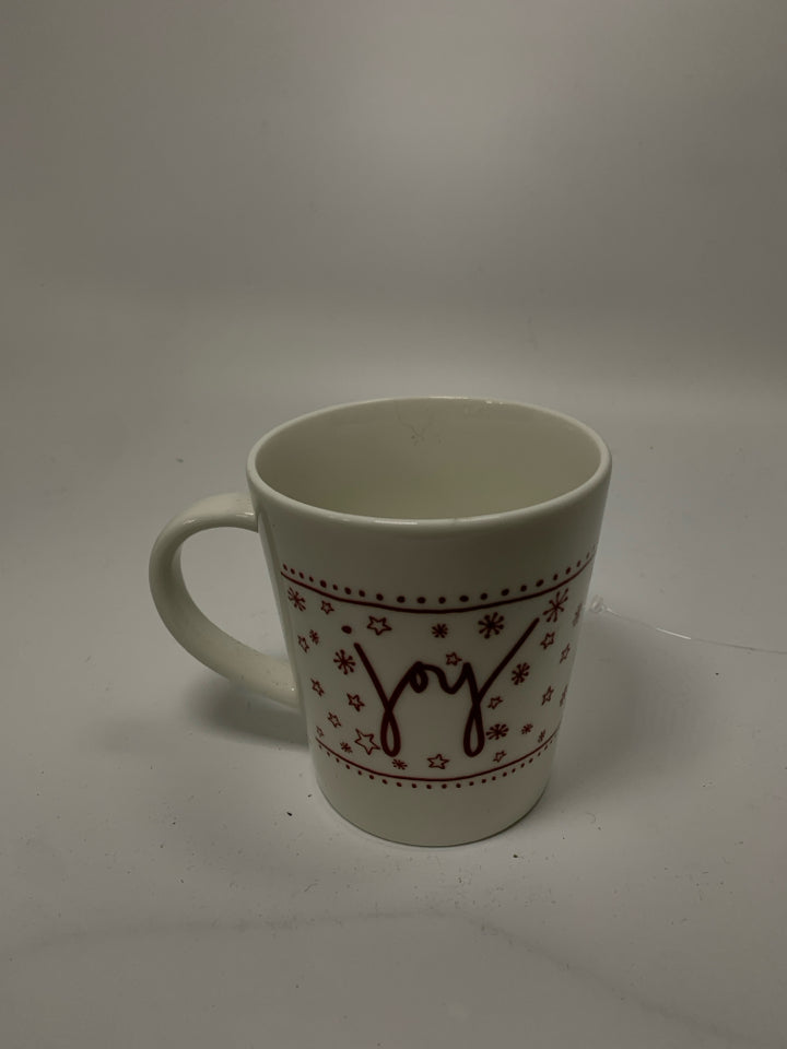 WHITE ROYAL DOULTON "JOY" MUG W/ RED SNOWFLAKES.