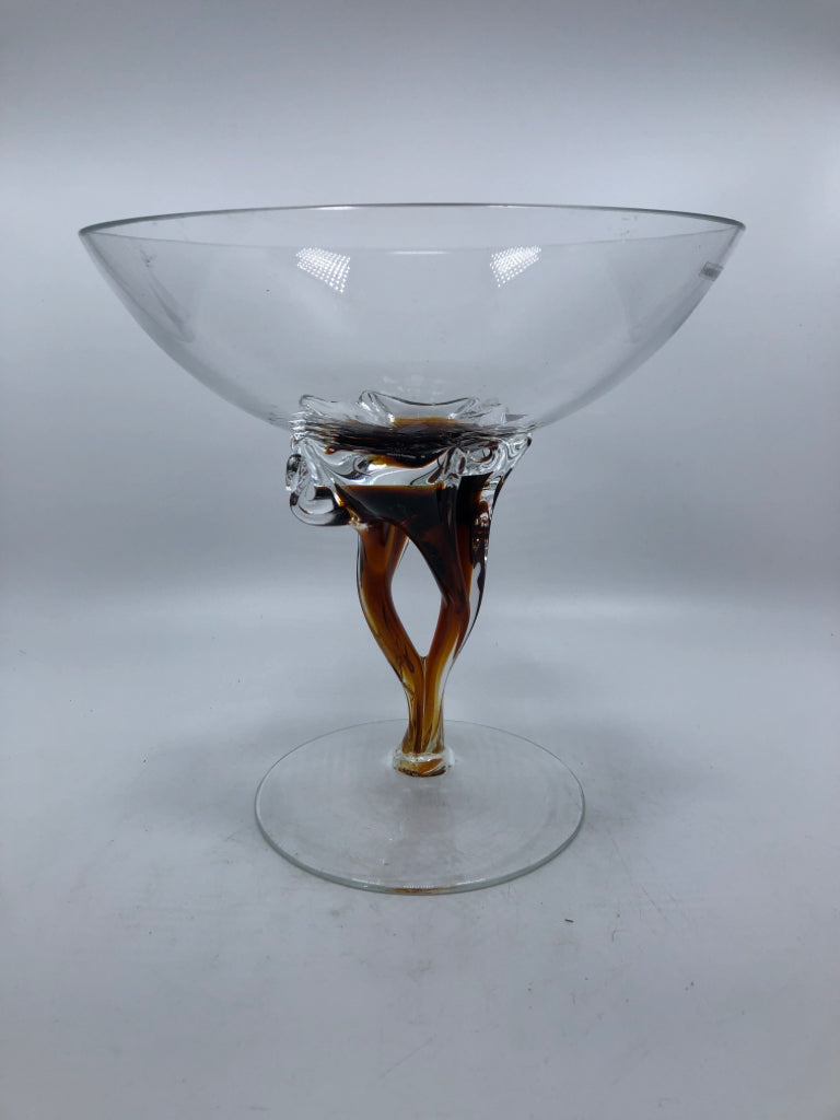 PULLED AMBER GLASS PEDESTAL BOWL.