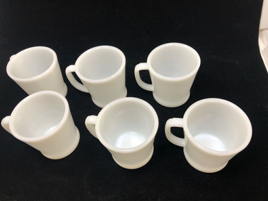 6 VTG MILK GLASS MUGS.