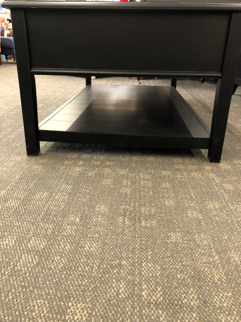 BLACK COFFEE TABLE W/2 LONG DRAWERS.