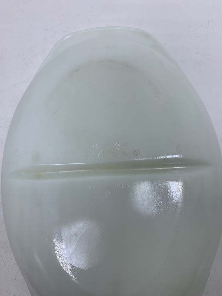VTG OVAL MILK GLASS DIVIDED BAKING DISH.