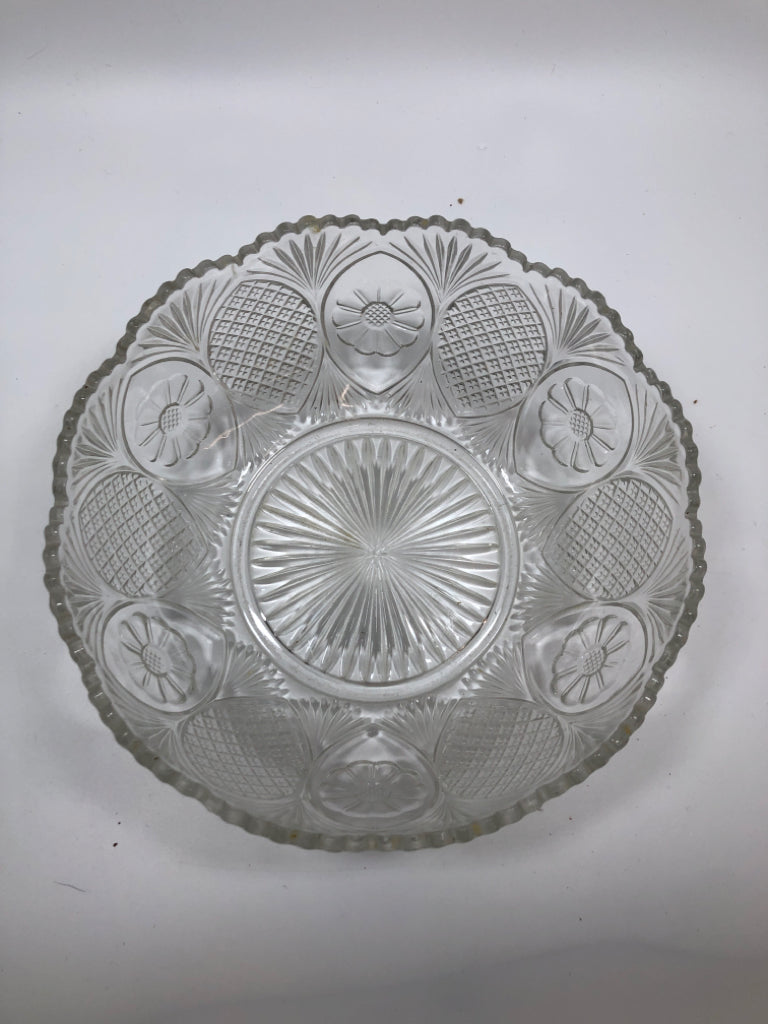 CLEAR GLASS BOWL SCALLOPED RIM/STARBURST PATTERN BOWL.