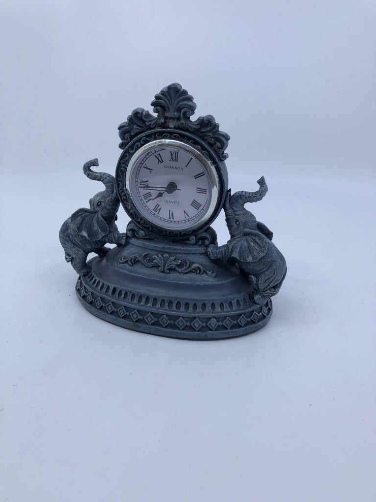 GREY RESIN ELEPHANT CLOCK.