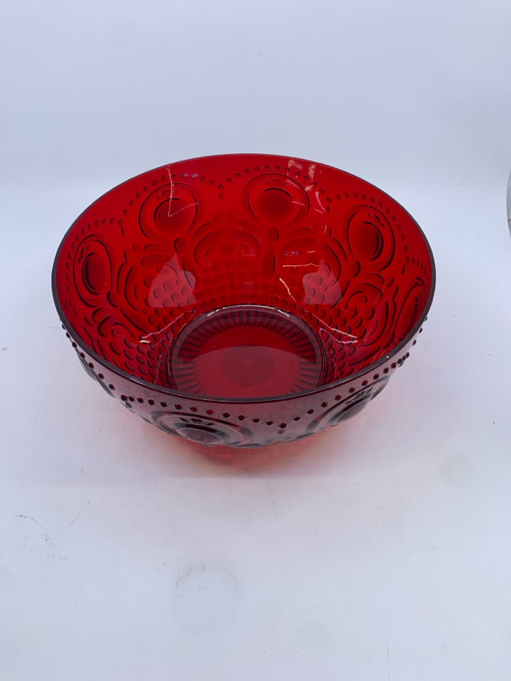 RED PLASTIC EMBOSSED SERVING BOWL.