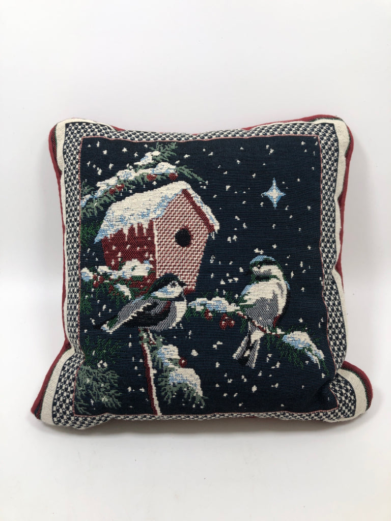 WINTER BIRDS ON BIRD HOUSE PILLOW.