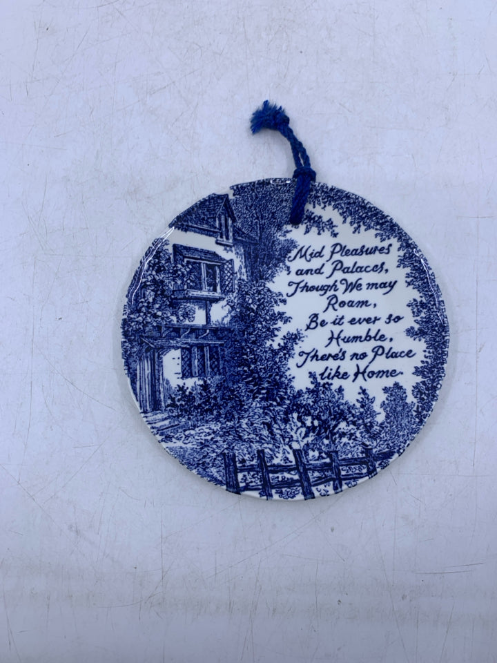 BLUE/WHITE IRONSTONE MID PLEASURES SAYING WALL HANGING.