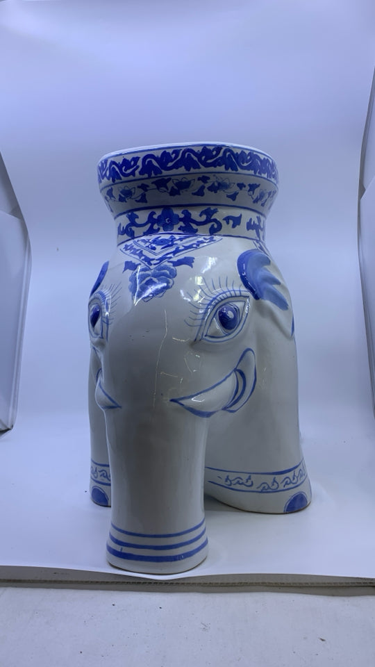 WHITE/BLUE LARGE CERAMIC ELEPHANT.