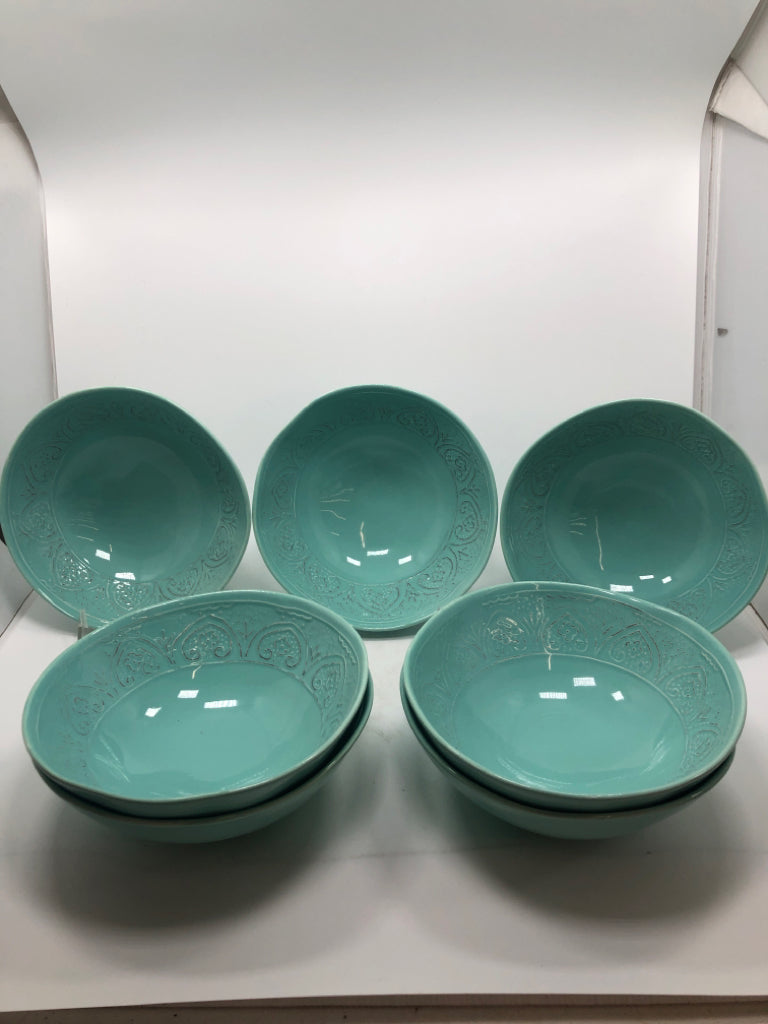 7 TEAL FLORAL EMBOSSED BOWLS.