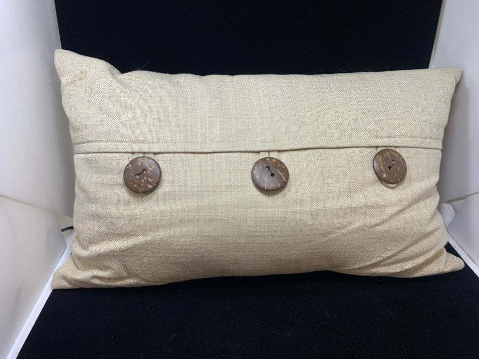 BEIGE TEXTURED RECTANGLE THROW PILLOW W/BROWN 3 BUTTON.