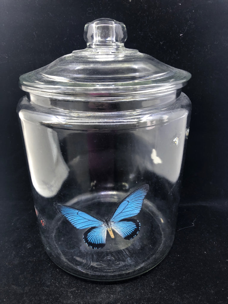 LARGE GLASS BUTTERFLY CANISTER.