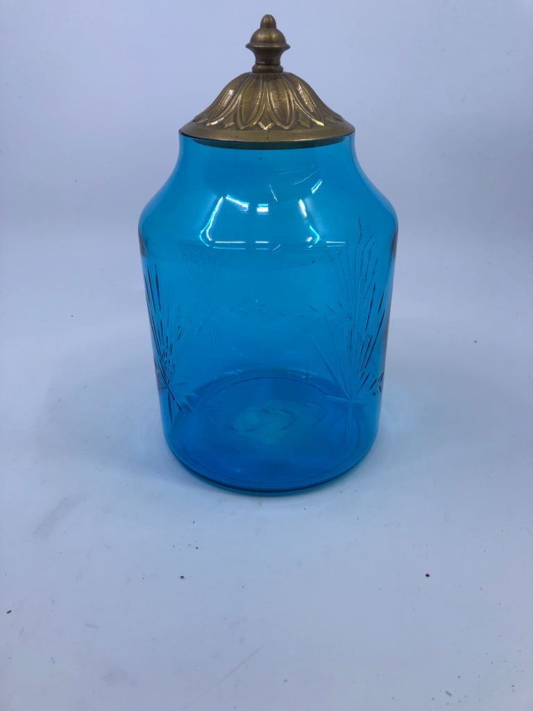 BLUE ETCHED GLASS CANISTER W METAL LID.