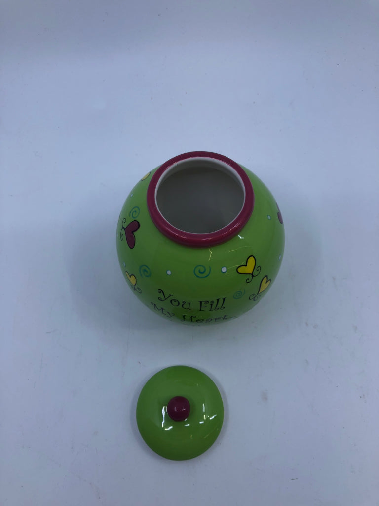 FILL MY HEART- GREEN PAINTED EMPTY JAR W/LID.