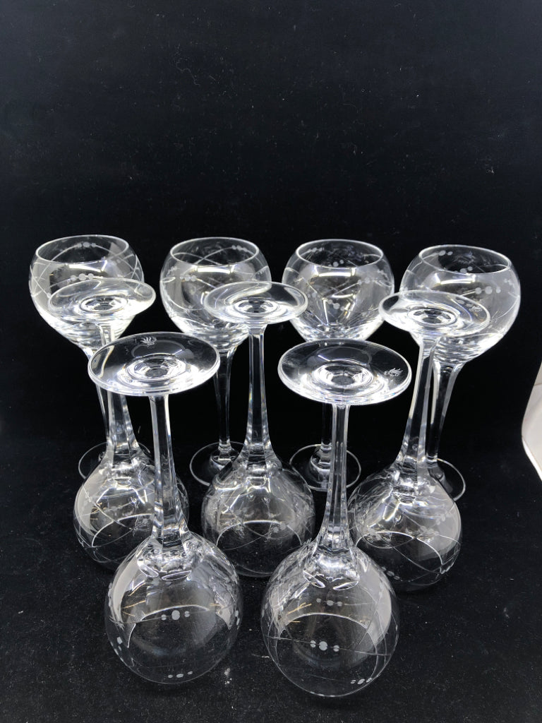 9 CRYSTAL LONG STEM WINE GLASSES W/ ETCHED LINES.