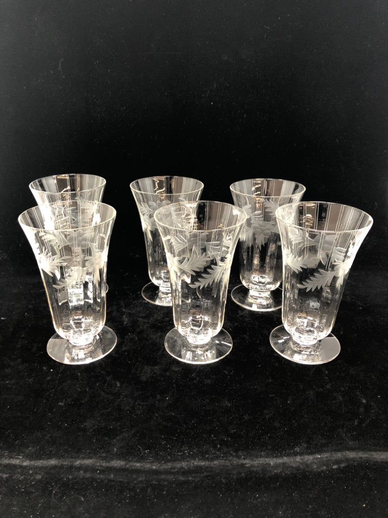 6 VTG FOOTED ETCHED FLORAL TUMBLERS.