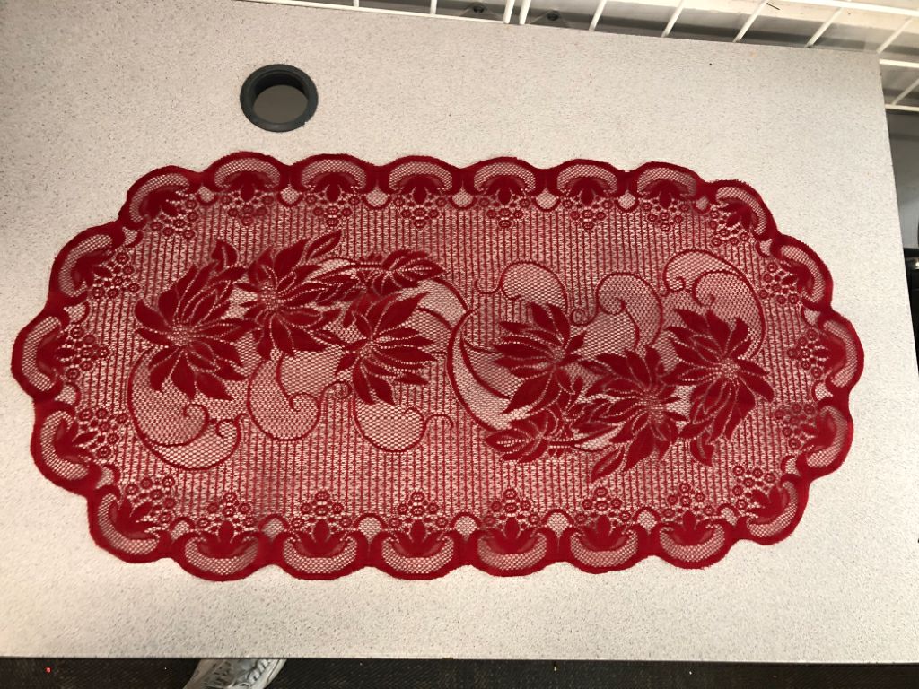 RED FLORAL LACE TABLE RUNNER.
