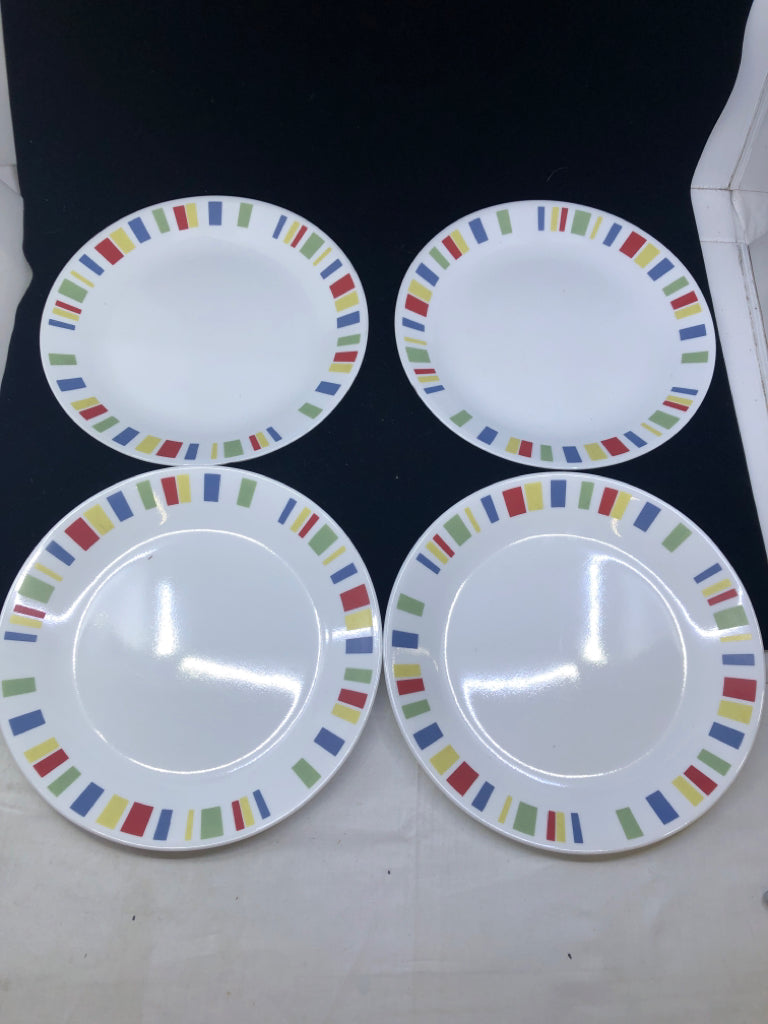 4 WHITE CORELLE DINNER PLATES W/MULTI COLOR SQUARES.