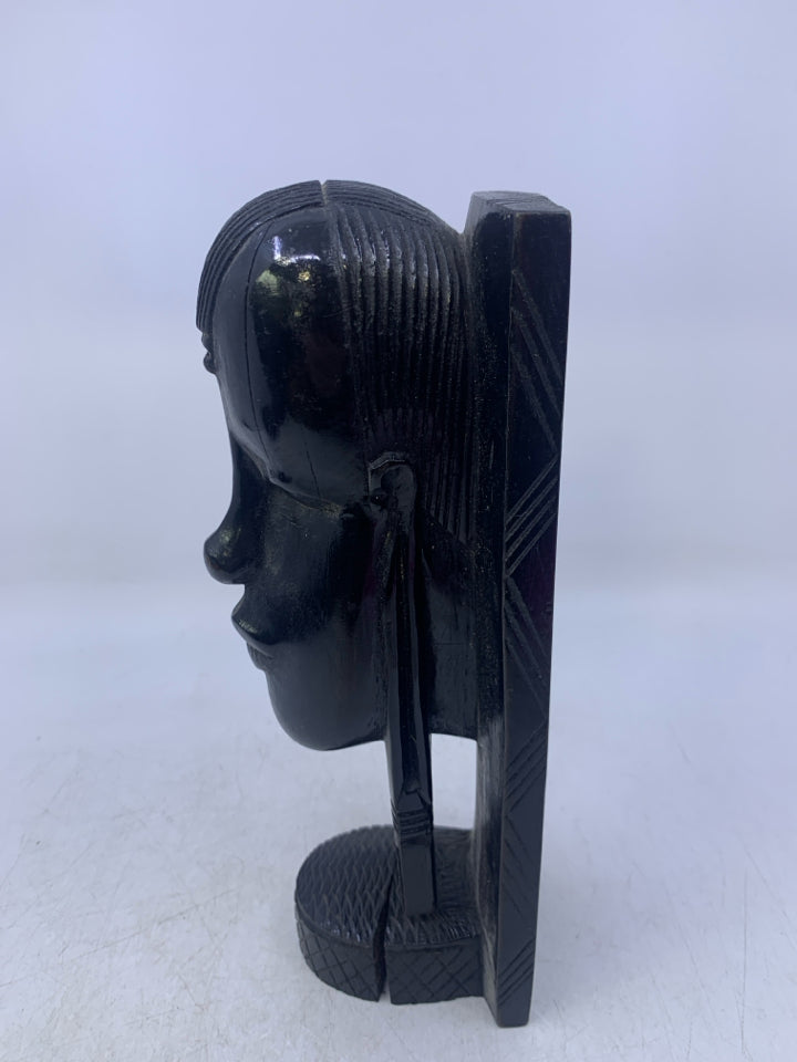 HEAVY BLACK WOOD CARVED FACE W/ FLAT EDGE FOLK AR BOOK END.