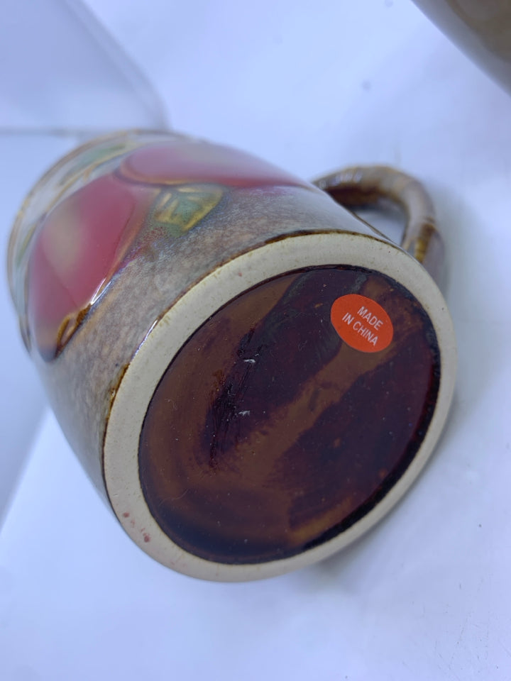 4 TAN CERAMIC EMBOSSED APPLES MUGS.