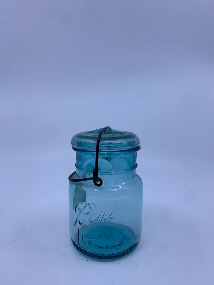 VTG BLUE BALL JAR W/ WIRE BAIL LID.