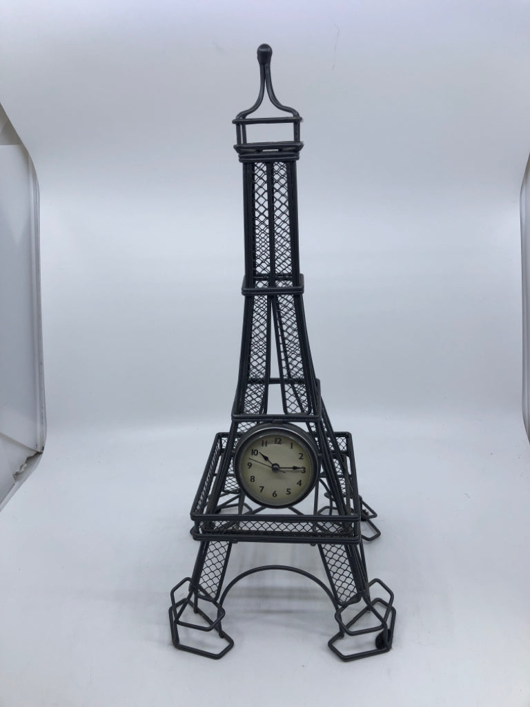 GREY METAL EIFFLE TOWER CLOCK.