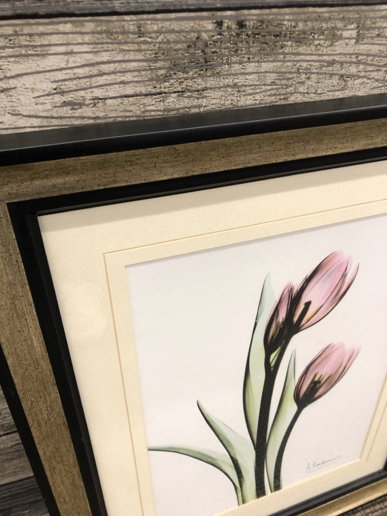 PINK TULIPS IN BLACK FRAME WALL HANGING.