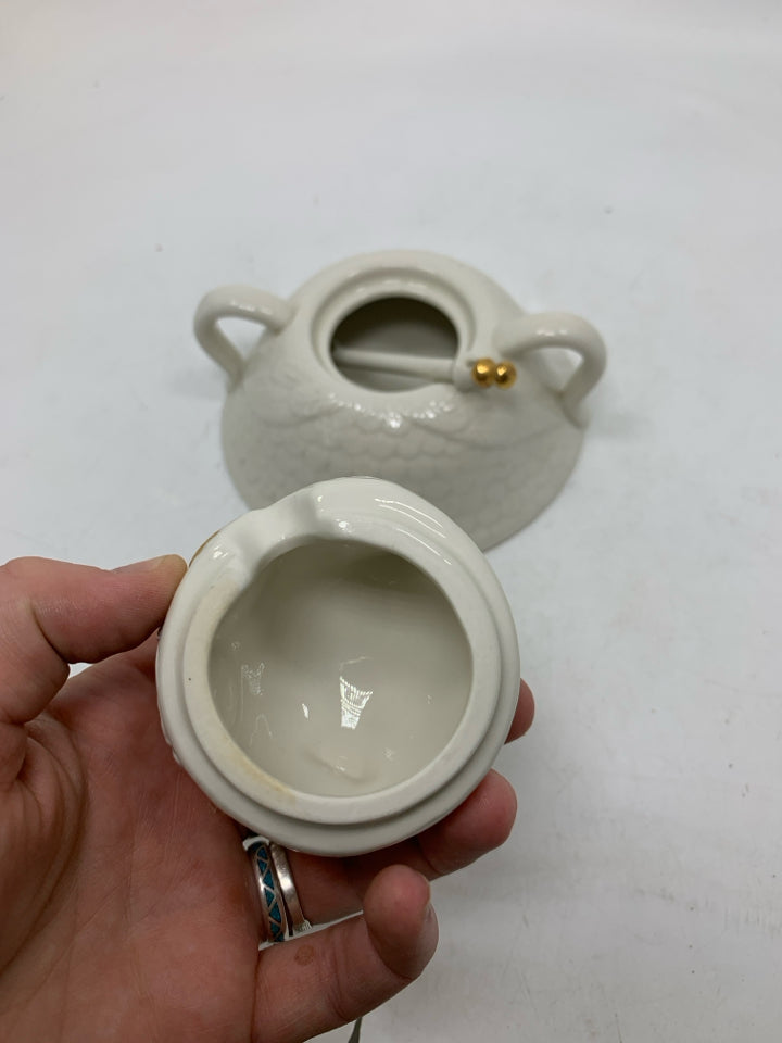 WILD MASQUERADE OWL SUGAR BOWL W/ LID & SPOON FLORENCE BALDUCCI.
