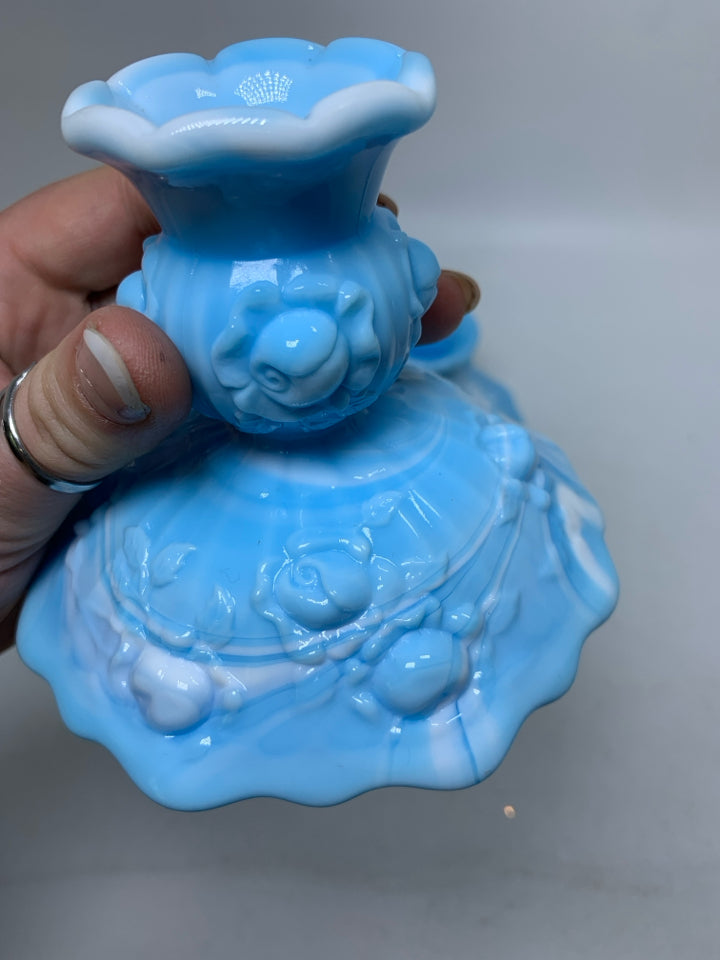 2 VTG CABBAGE ROSE BLUE MARBLE SLAG GLASS TAPERED CANDLE HOLDERS.